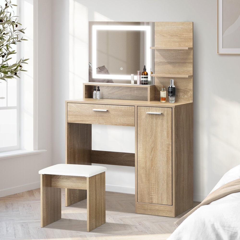 Oikiture Dressing Table Stool Set LED Light Large Cabinet Natural