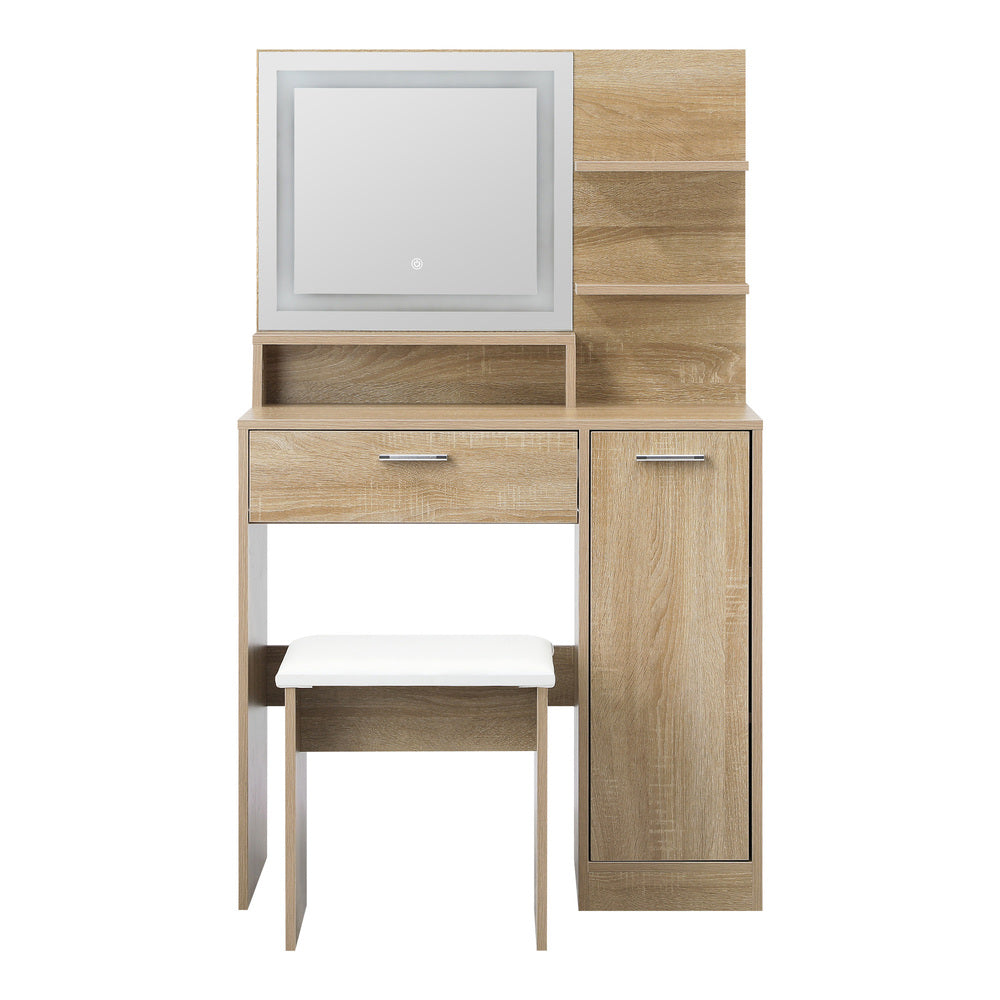 Oikiture Dressing Table Stool Set LED Light Large Cabinet Natural