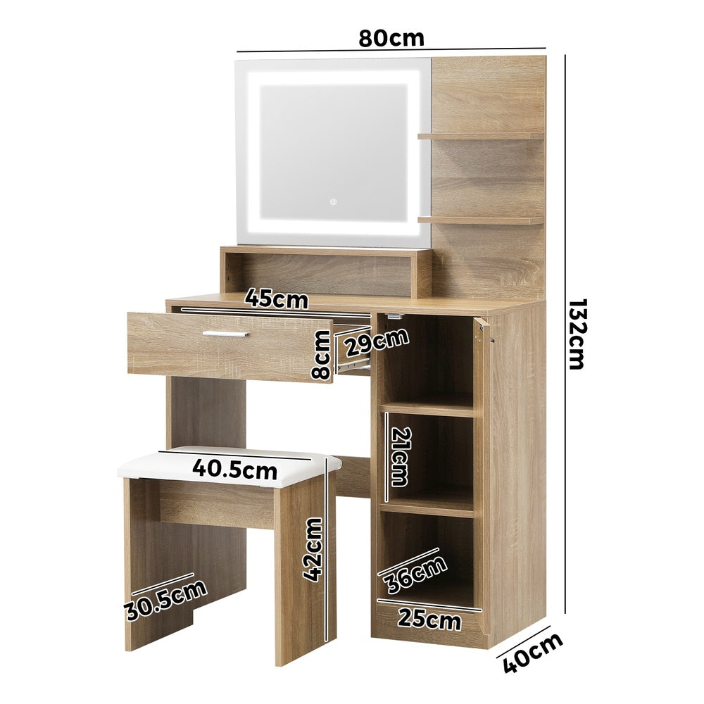 Oikiture Dressing Table Stool Set LED Light Large Cabinet Natural