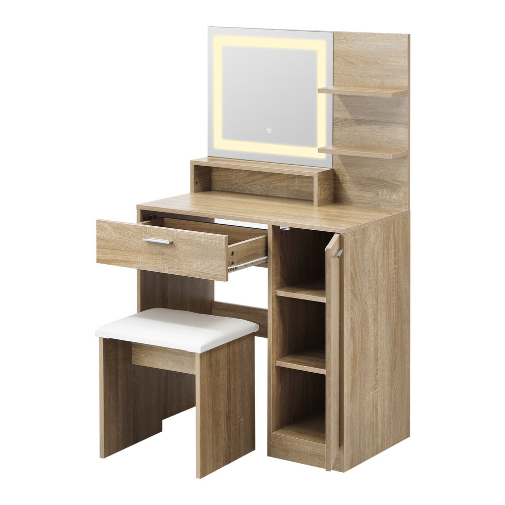 Oikiture Dressing Table Stool Set LED Light Large Cabinet Natural