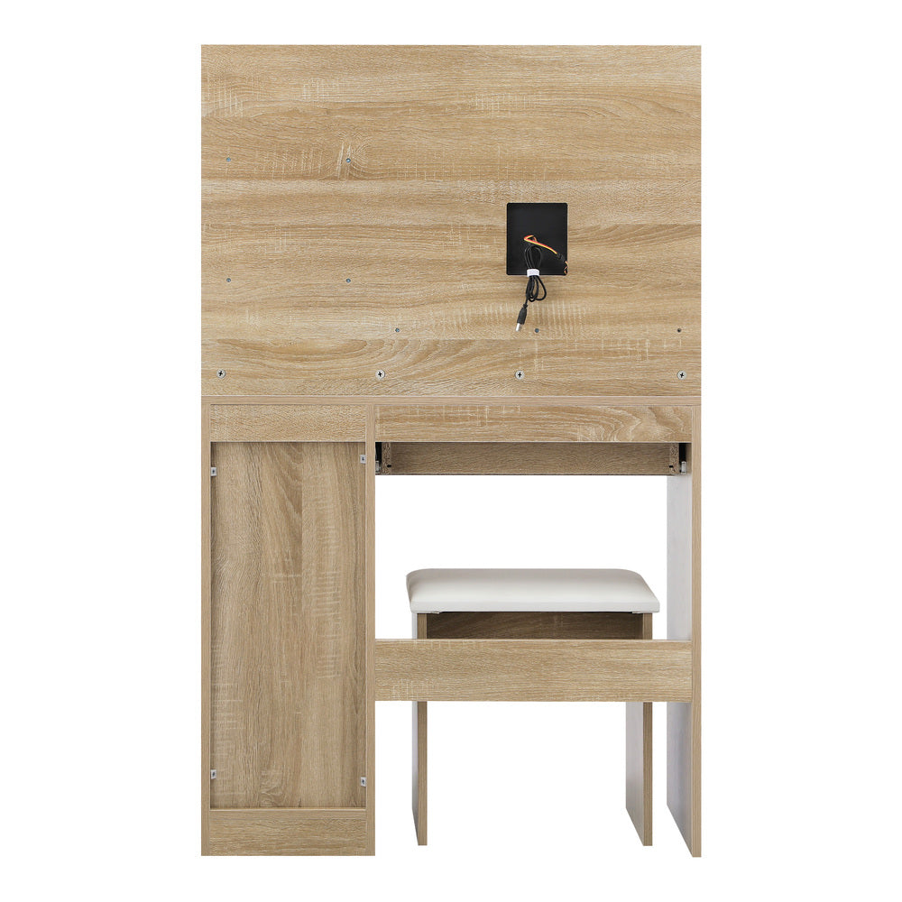 Oikiture Dressing Table Stool Set LED Light Large Cabinet Natural