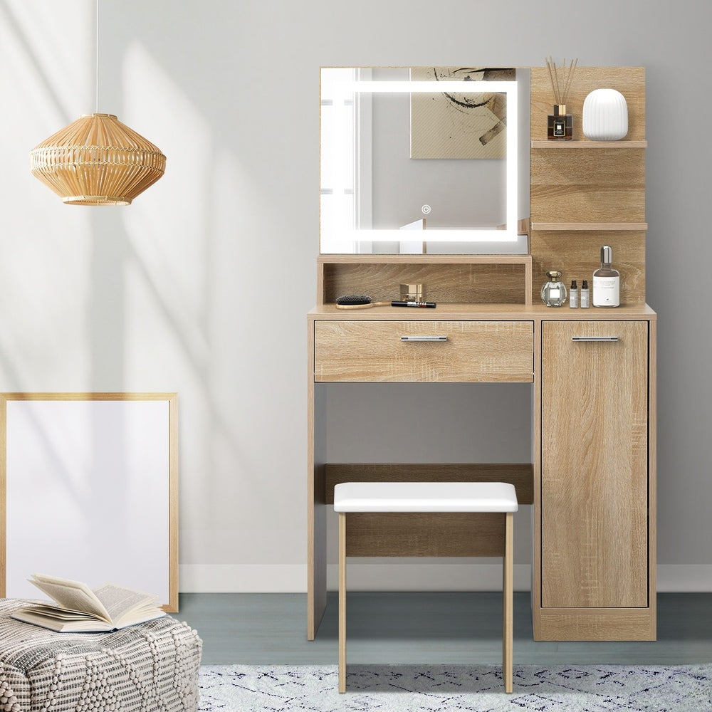 Oikiture Dressing Table Stool Set LED Light Large Cabinet Natural