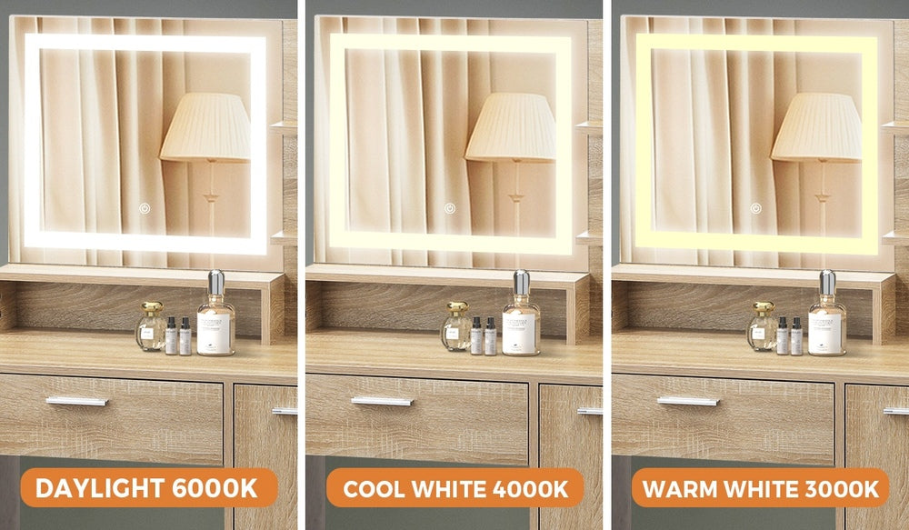 Oikiture Dressing Table Stool Set LED Light Large Cabinet Natural