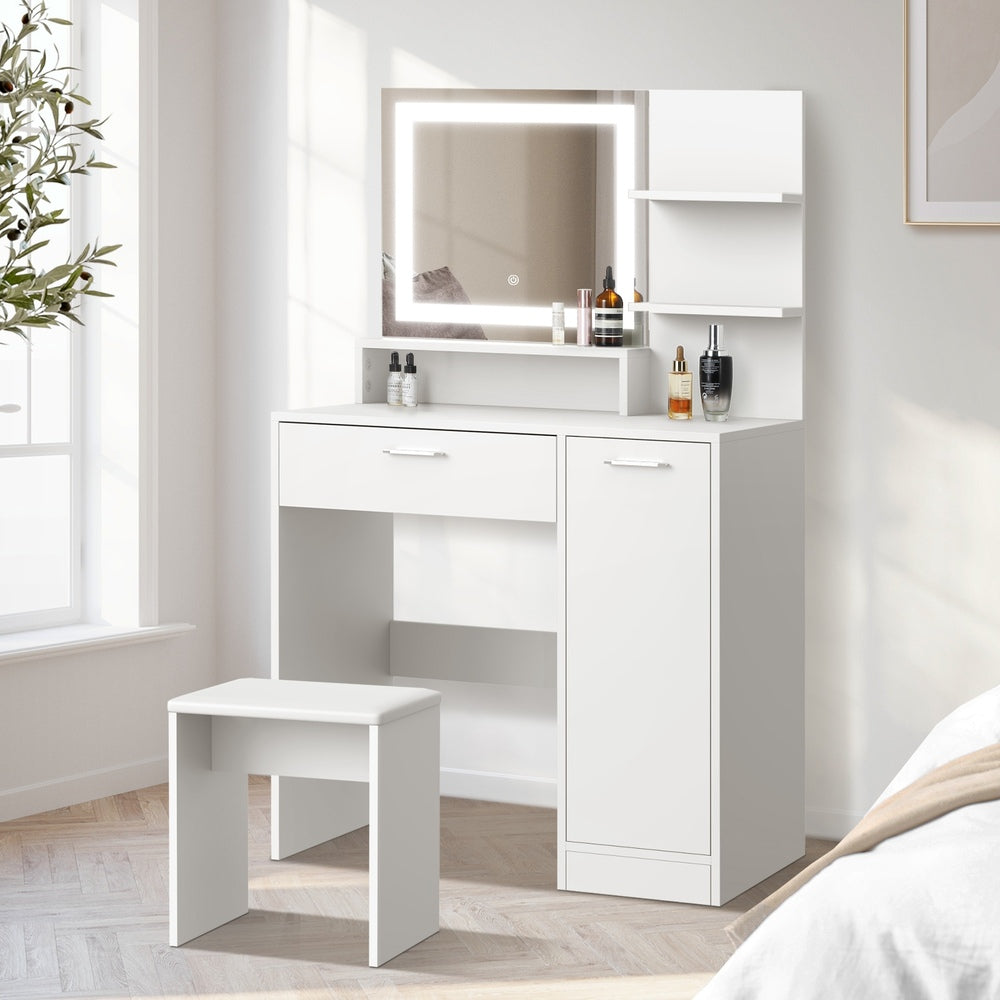 Oikiture Dressing Table Stool Set LED Light Large Cabinet White