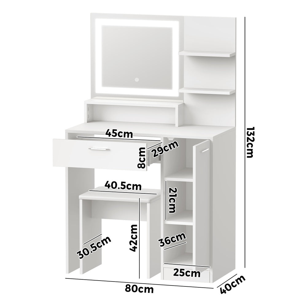 Oikiture Dressing Table Stool Set LED Light Large Cabinet White