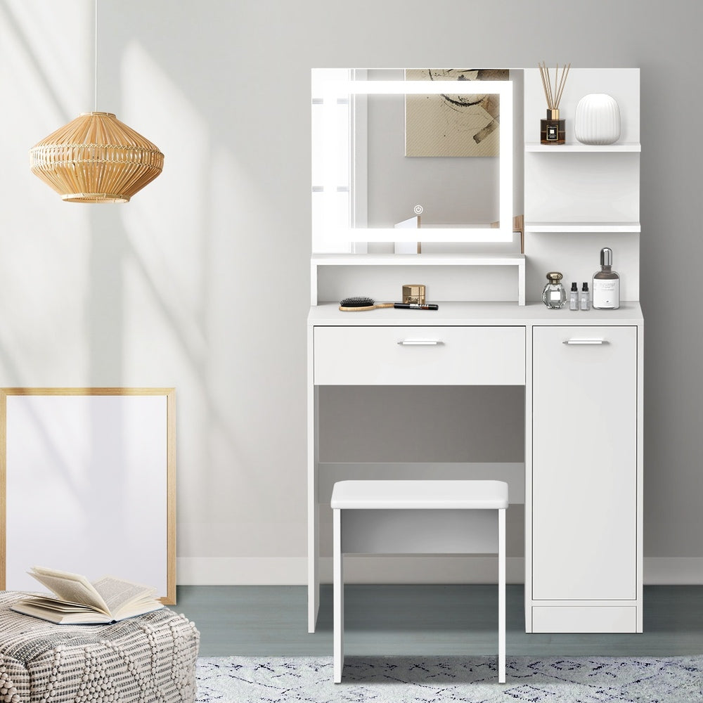 Oikiture Dressing Table Stool Set LED Light Large Cabinet White