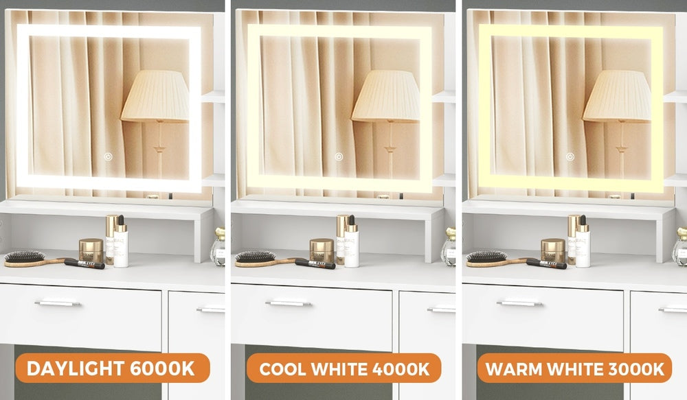 Oikiture Dressing Table Stool Set LED Light Large Cabinet White