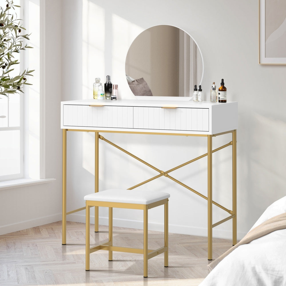 Oikiture Dressing Table Stool Set with Mirror 2 Drawers White & Gold