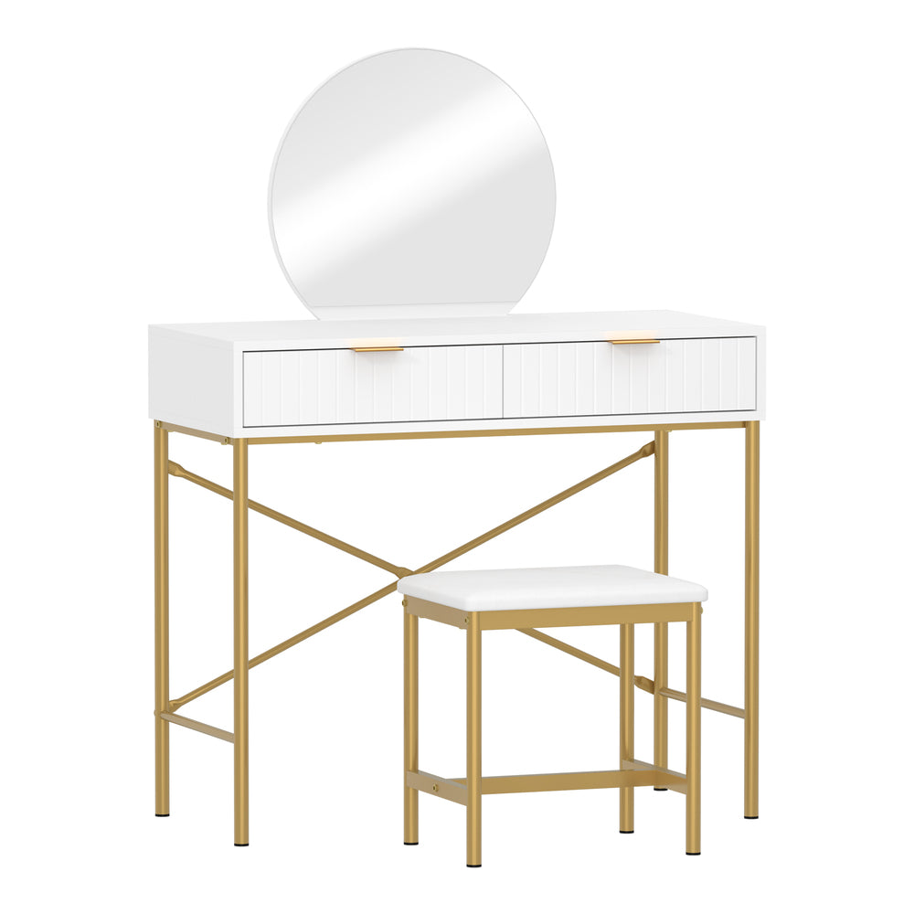 Oikiture Dressing Table Stool Set with Mirror 2 Drawers White & Gold