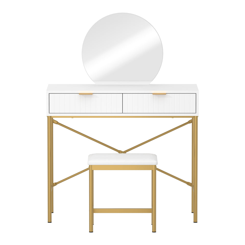 Oikiture Dressing Table Stool Set with Mirror 2 Drawers White & Gold
