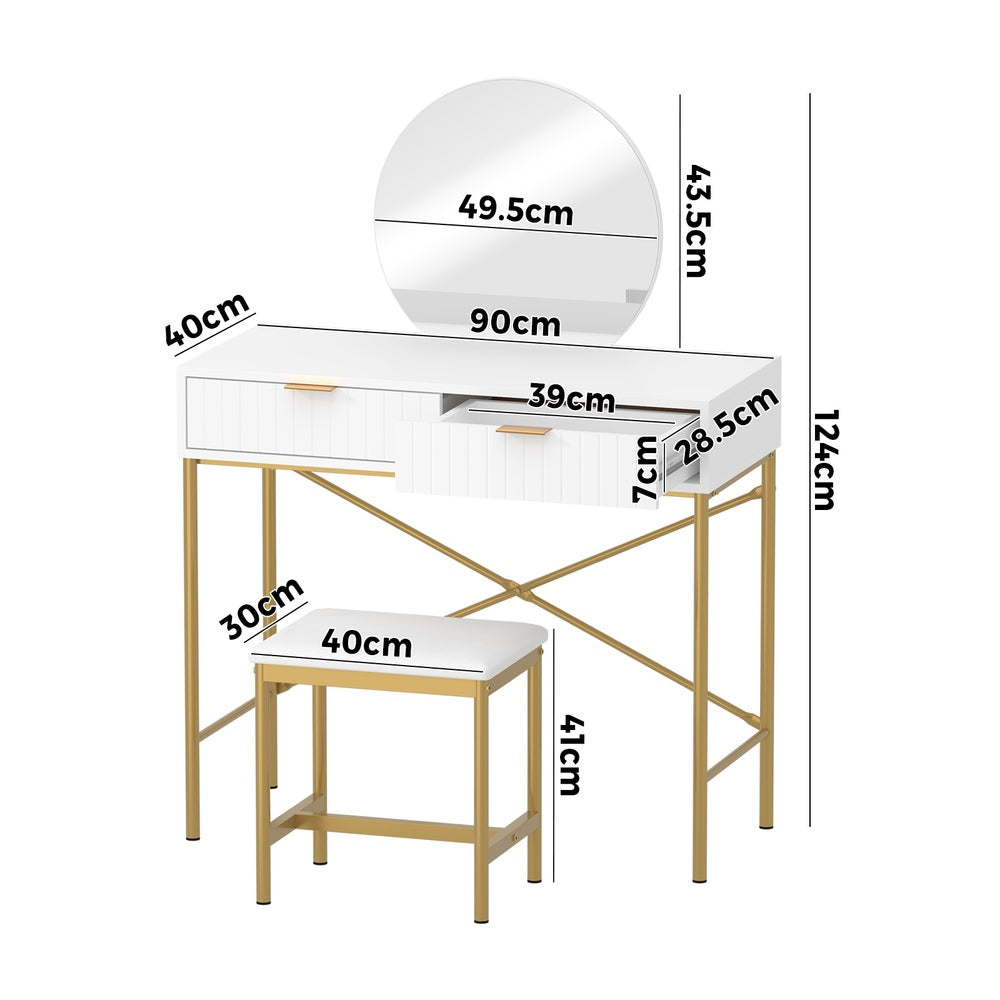 Oikiture Dressing Table Stool Set with Mirror 2 Drawers White & Gold