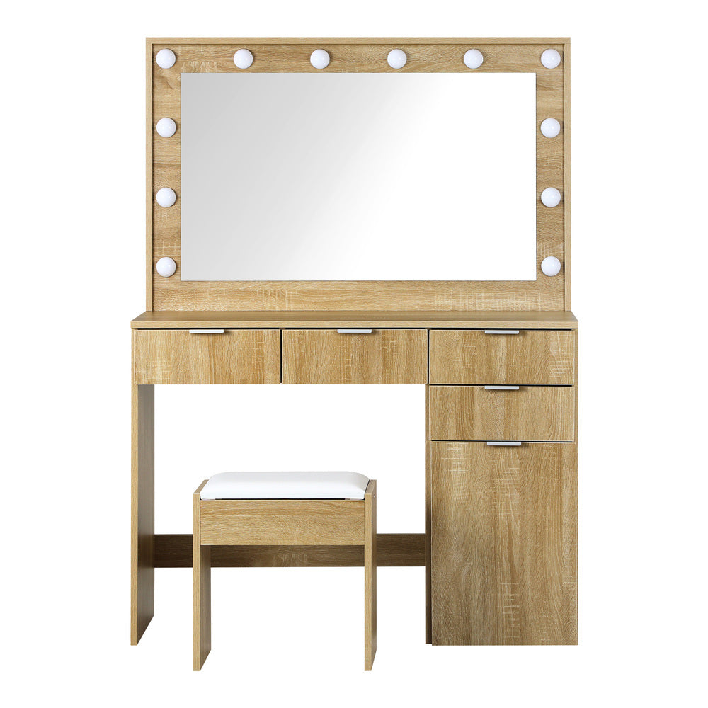 Oikiture Dressing Table Stool Set Large Mirror 12 Bulbs Oak