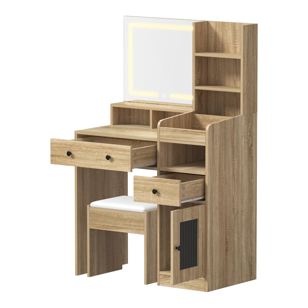 Oikiture Dressing Table Stool Set LED Light Natural