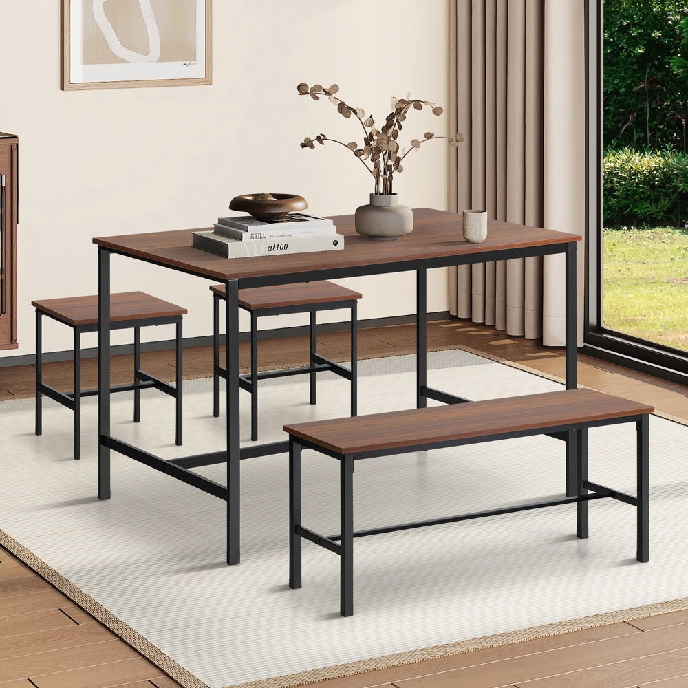 Oikiture Industrial Dining Table 4 Seaters with Kitchen Bench Chairs Natural