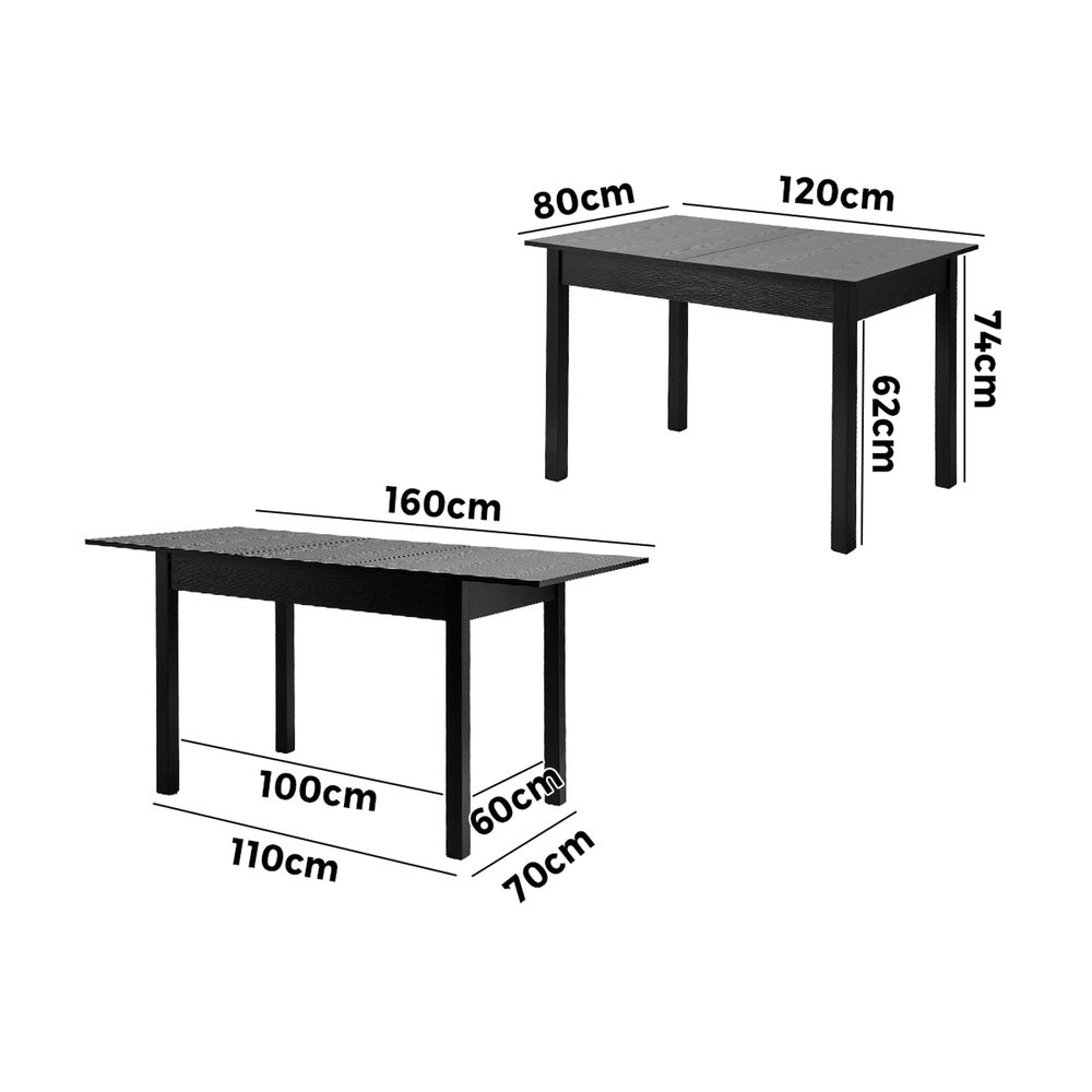 Oikiture Extendable Dining Table 1.2-1.6m Wooden Kitchen Table Black