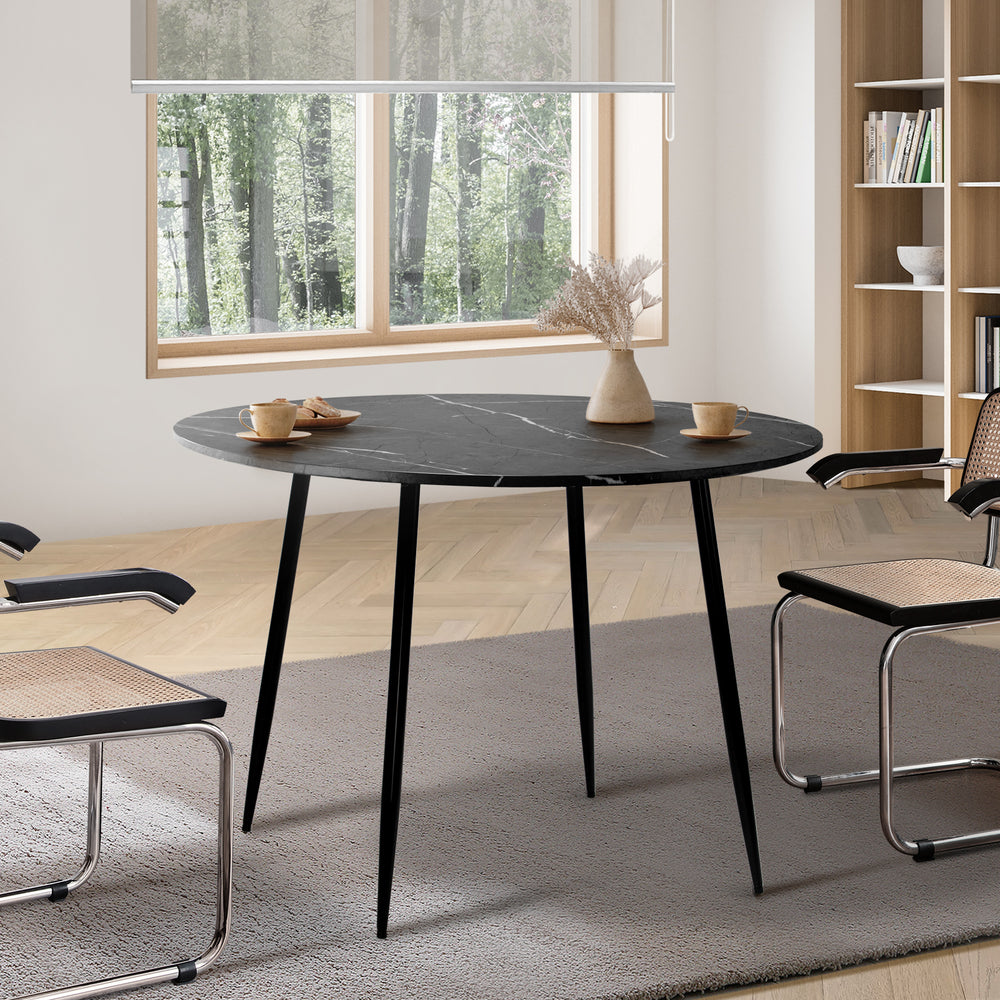 Oikiture 110cm Dining Table With Marble Effect Round Wooden Grey&Black