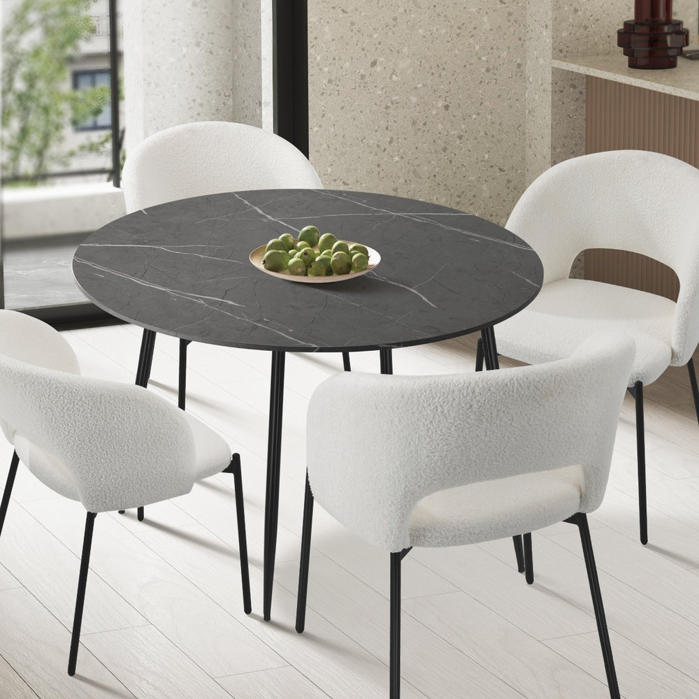 Oikiture 110cm Dining Table With Marble Effect Round Wooden Grey&Black