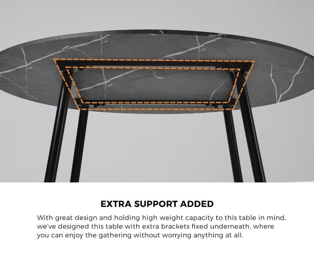 Oikiture 110cm Dining Table With Marble Effect Round Wooden Grey&Black