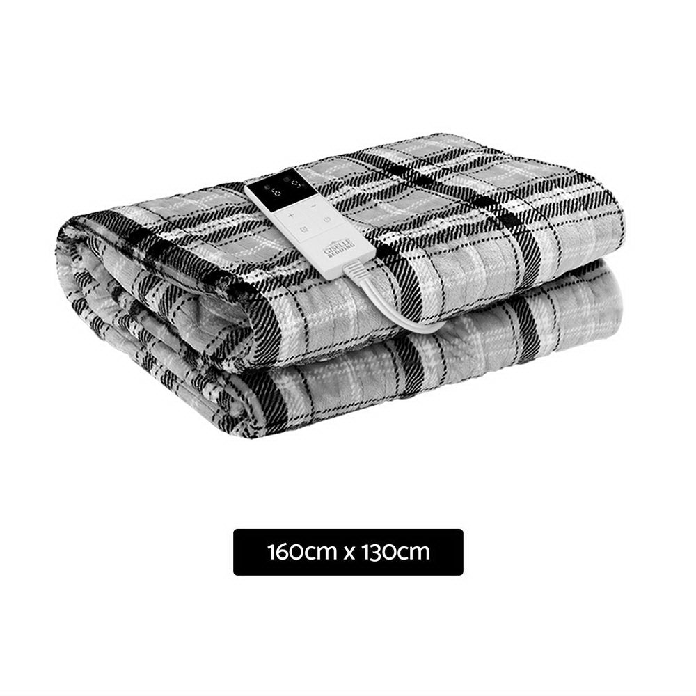 Giselle Bedding Electric Heated Flannel Throw Blanket - Grey and White Checkered, Washable and Cozy