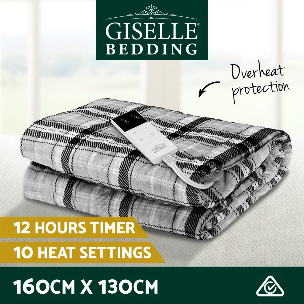 Giselle Bedding Electric Heated Flannel Throw Blanket - Grey and White Checkered, Washable and Cozy