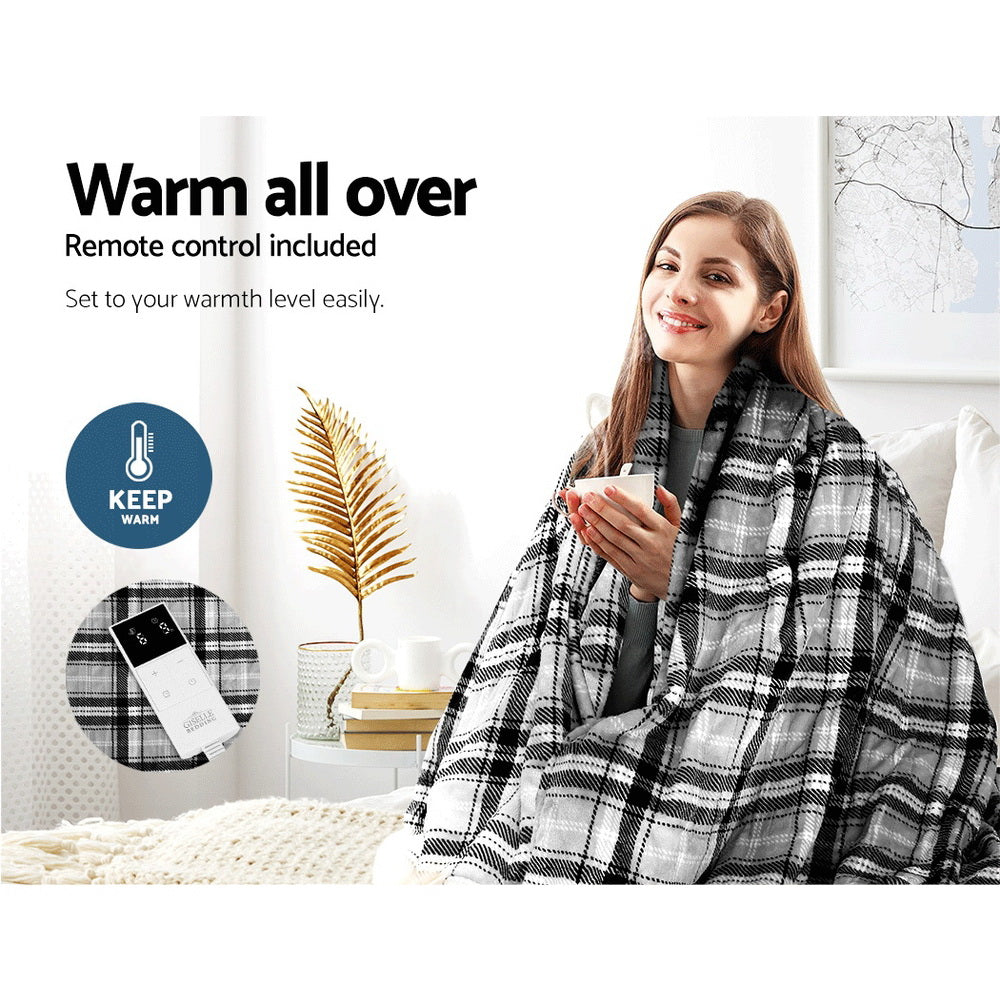 Giselle Bedding Electric Heated Flannel Throw Blanket - Grey and White Checkered, Washable and Cozy