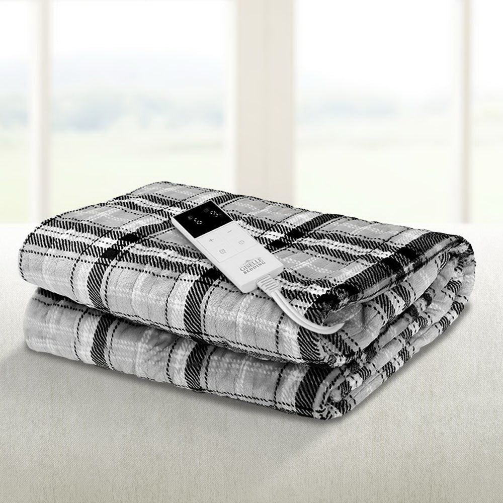 Giselle Bedding Electric Heated Flannel Throw Blanket - Grey and White Checkered, Washable and Cozy