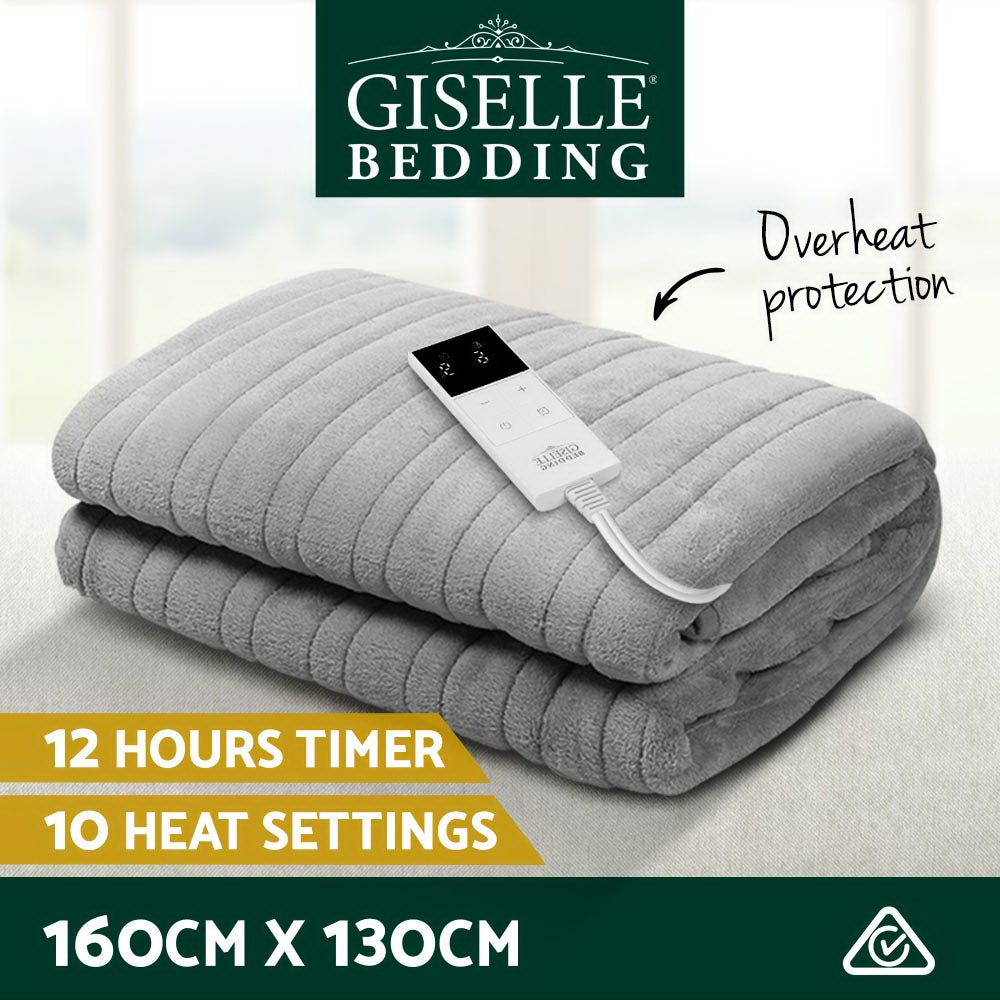 Giselle Bedding Heated Coral Fleece Throw Blanket - Machine Washable Silver with Customizable Warmth