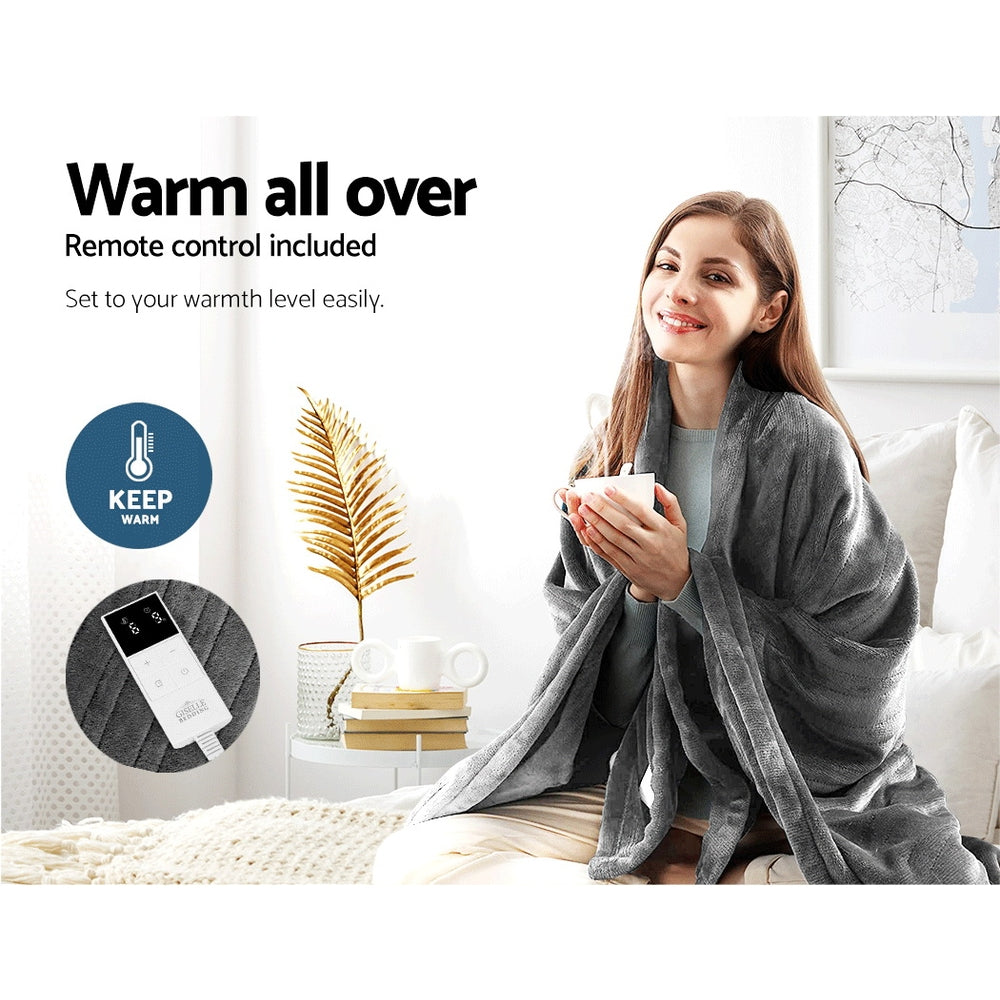 Giselle Bedding Heated Coral Fleece Throw Blanket - Machine Washable Silver with Customizable Warmth