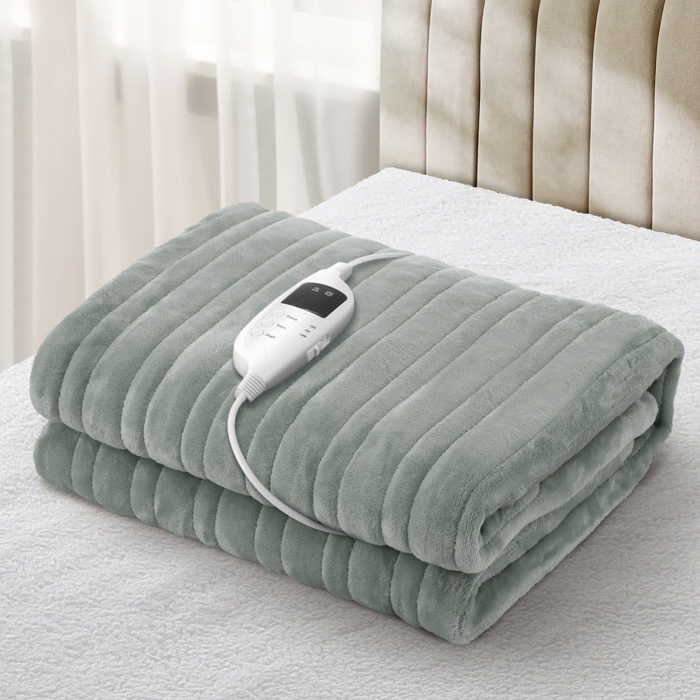 Bedra Electric Heated Blanket Washable Throw Rug Coral Fleece Light Green