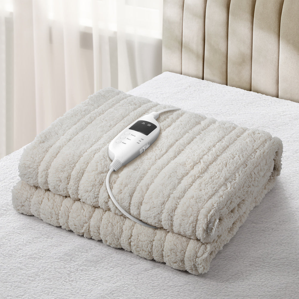 Bedra Electric Heated Blanket Washable Throw Rug Sherpa Coral Fleece Navy Beige