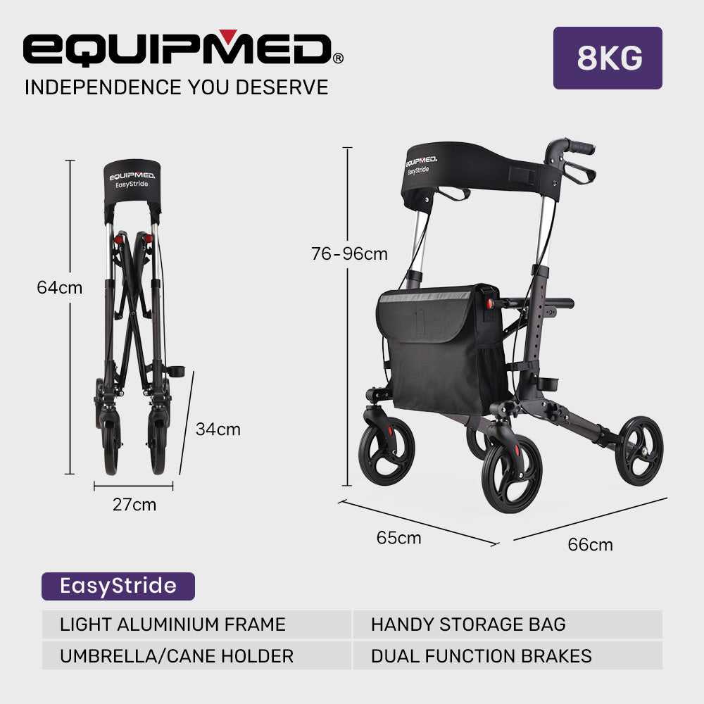 EQUIPMED EasyStride Quick-Fold Aluminium Rollator - Titanium