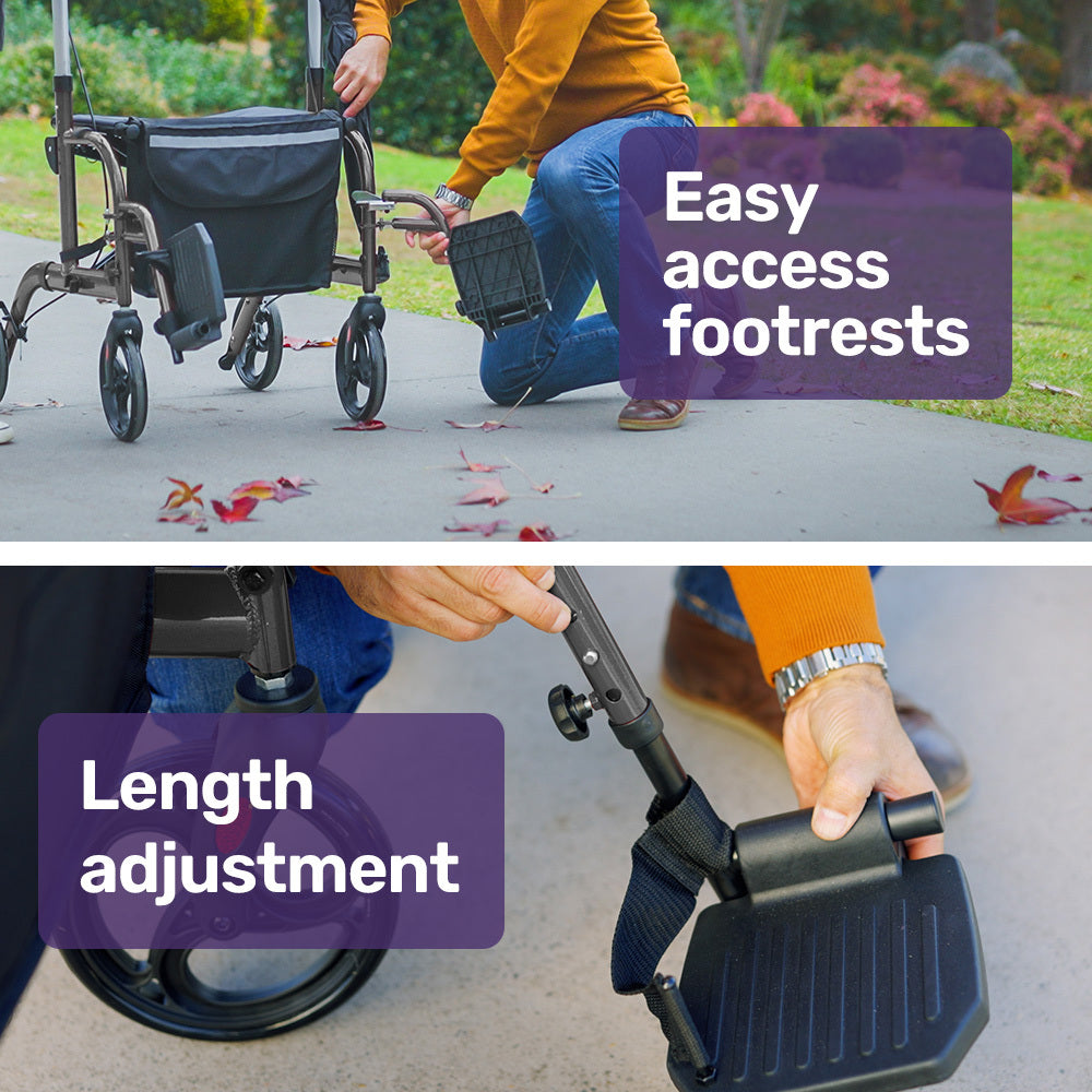 EQUIPMED SmartRoller 2-in-1 Aluminium Rollator and Transit Wheelchair - Titanium