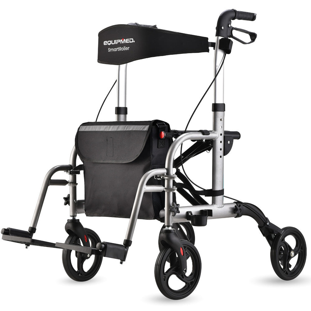 EQUIPMED SmartRoller 2-in-1 Aluminium Rollator and Transit Wheelchair - Silver