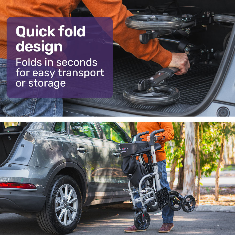 EQUIPMED SmartRoller 2-in-1 Aluminium Rollator and Transit Wheelchair - Silver