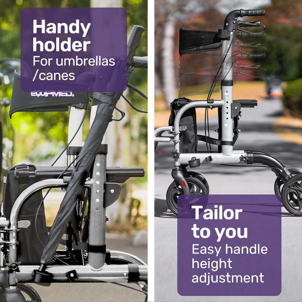 EQUIPMED SmartRoller 2-in-1 Aluminium Rollator and Transit Wheelchair - Silver