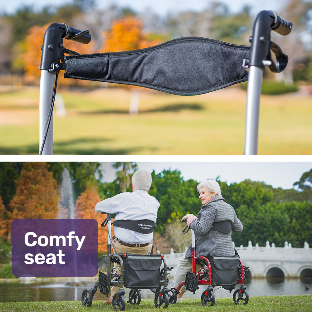 EQUIPMED SmartRoller 2-in-1 Aluminium Rollator and Transit Wheelchair - Silver