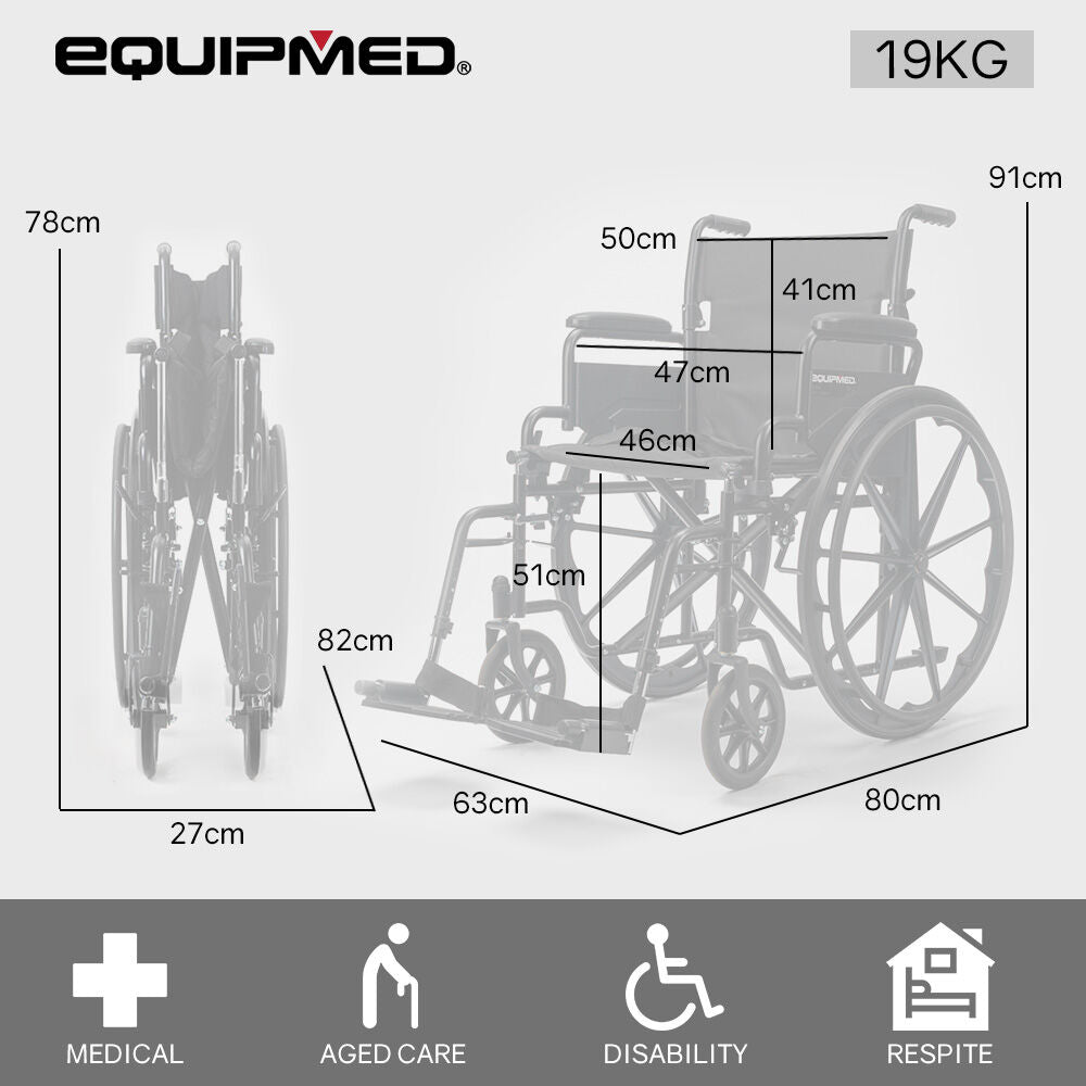 EQUIPMED Cruiseline 24' 136kg Capacity Retractable Armrests Folding Wheelchair - Black