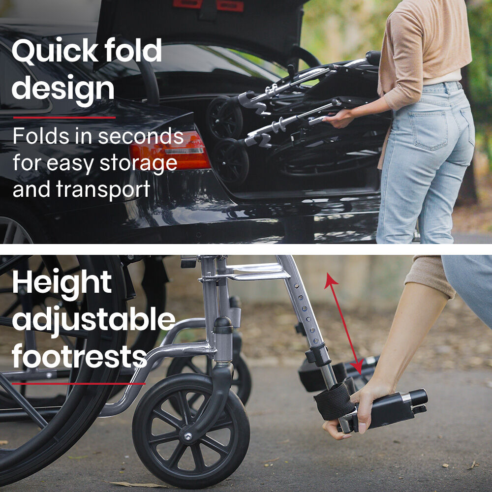 EQUIPMED Cruiseline 24' 136kg Capacity Retractable Armrests Folding Wheelchair - Grey