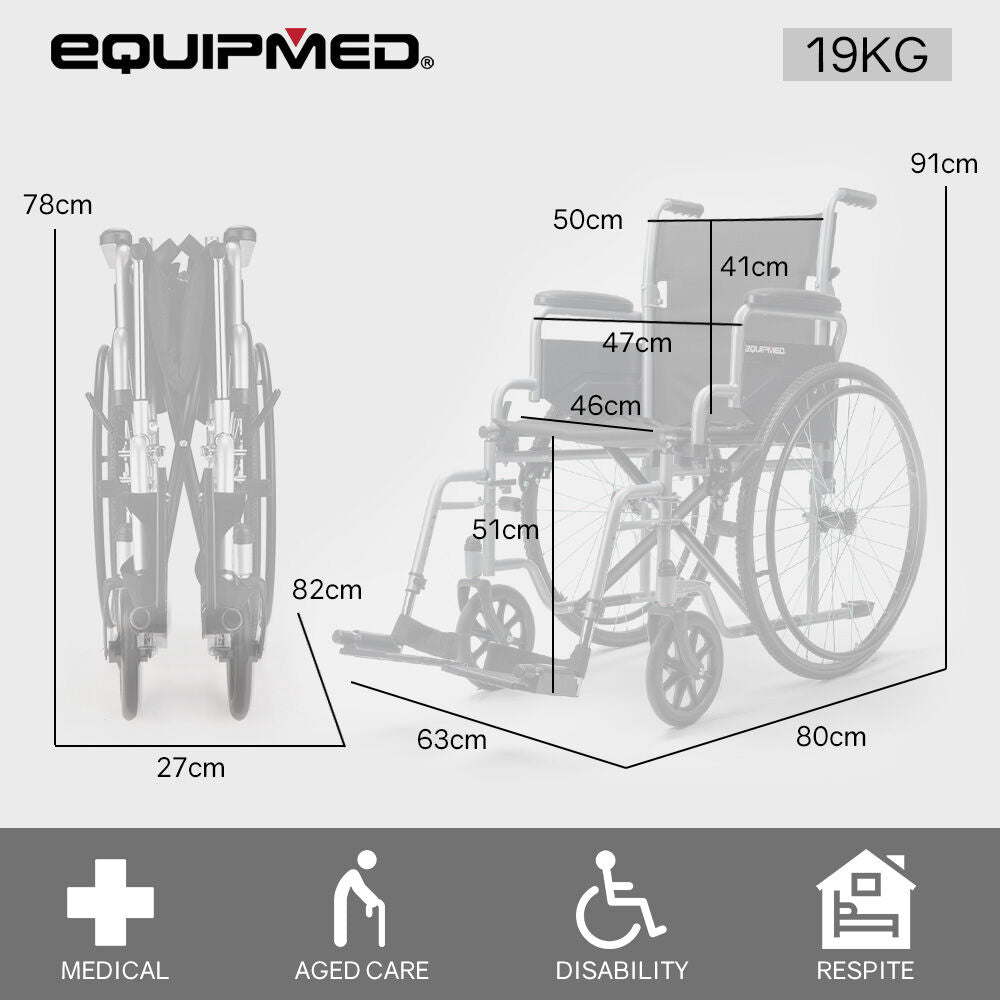 EQUIPMED Cruiseline 24' 136kg Capacity Retractable Armrests Folding Wheelchair - Grey