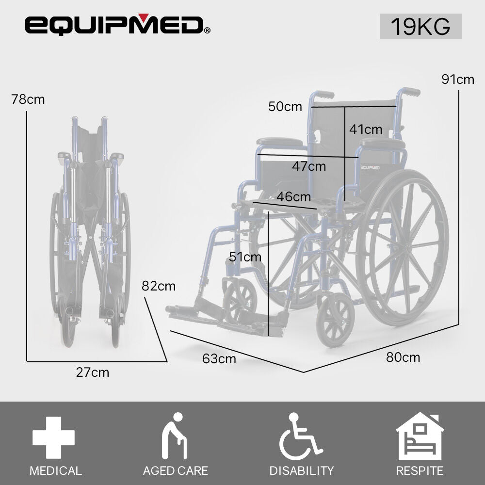 EQUIPMED 24 Inch Folding Wheelchair with Park Brakes, 136kg Capacity, Retractable Armrests, Blue