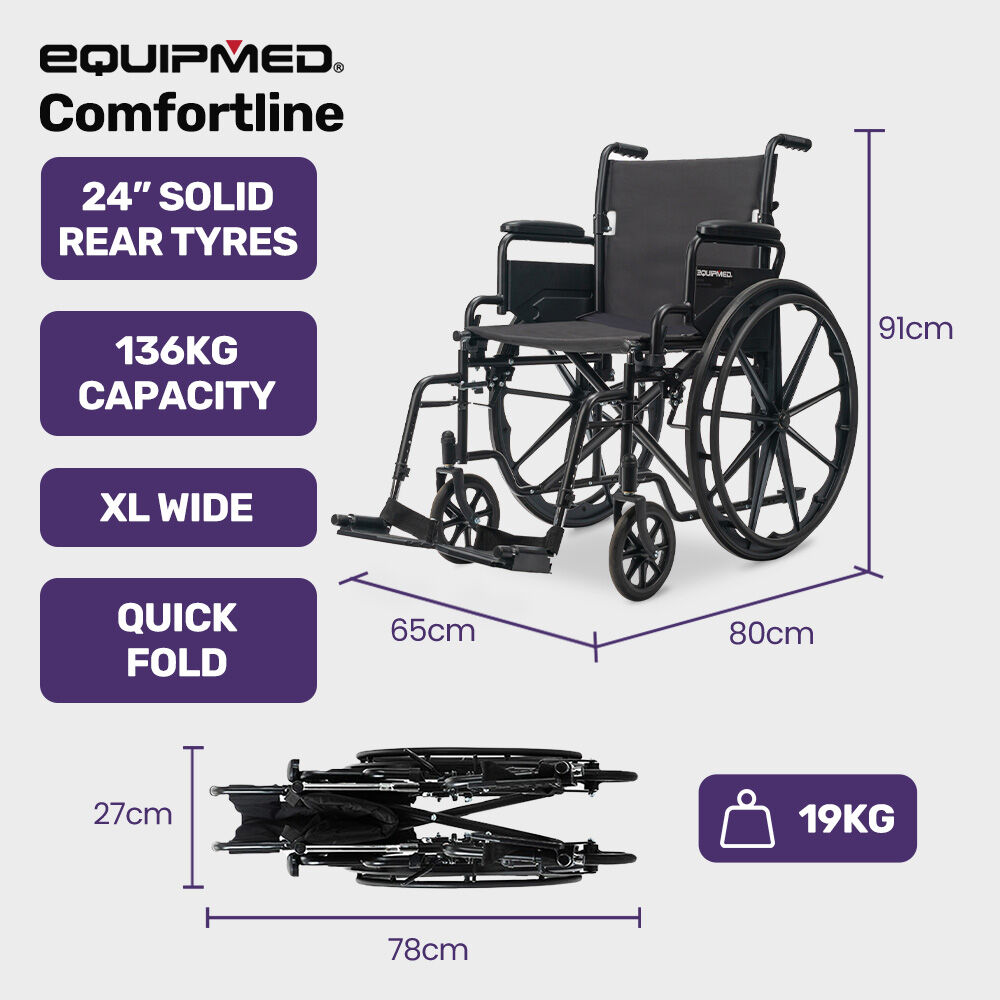 EQUIPMED Comfortline 24' 136kg Capacity XL-Wide Quick-Folding Wheelchair - Black