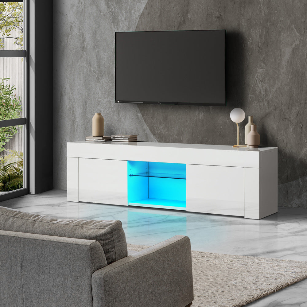 Oikiture TV Stand Cabinet Entertainment Unit RGB LED Gloss 130cm White