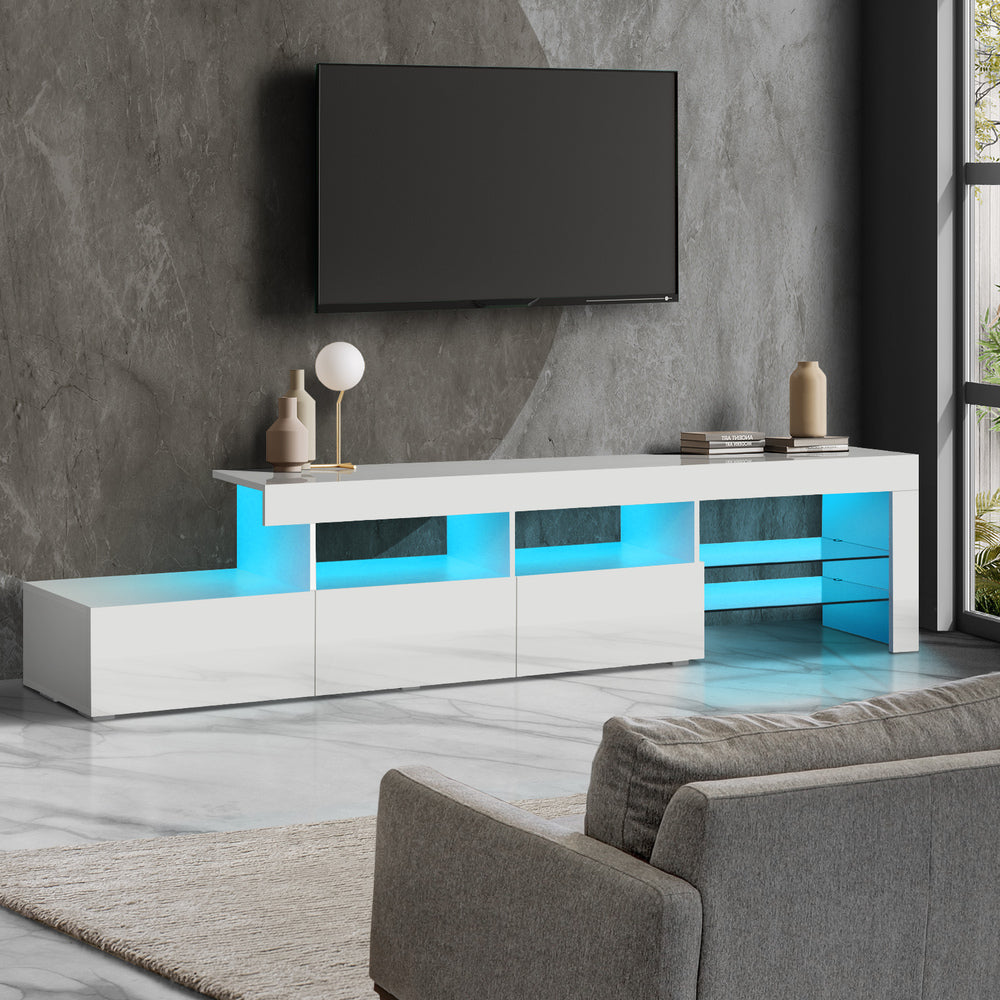 Oikiture TV Stand Cabinet Entertainment Unit RGB LED Gloss White 220cm