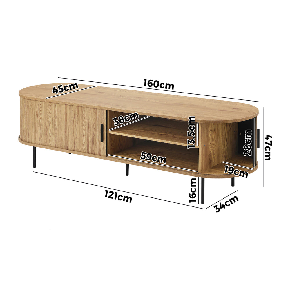 Oikiture Entertainment Unit TV Stand Cabinet 160cm Tambour Doors Oak