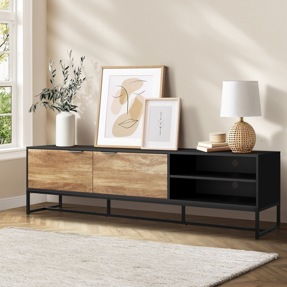 Oikiture TV Stand Cabinet Entertainment Unit 180cm Black&Natural