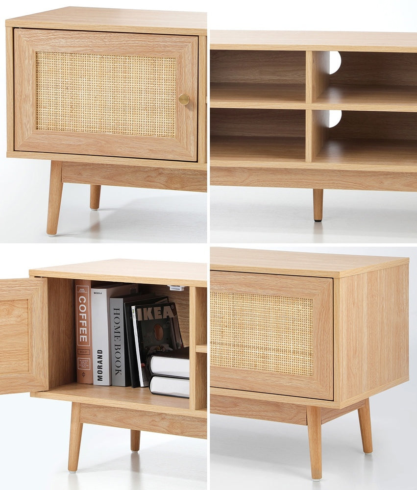 Oikiture TV Stand Cabinet Entertainment Unit 180cm Rattan Doors Oak