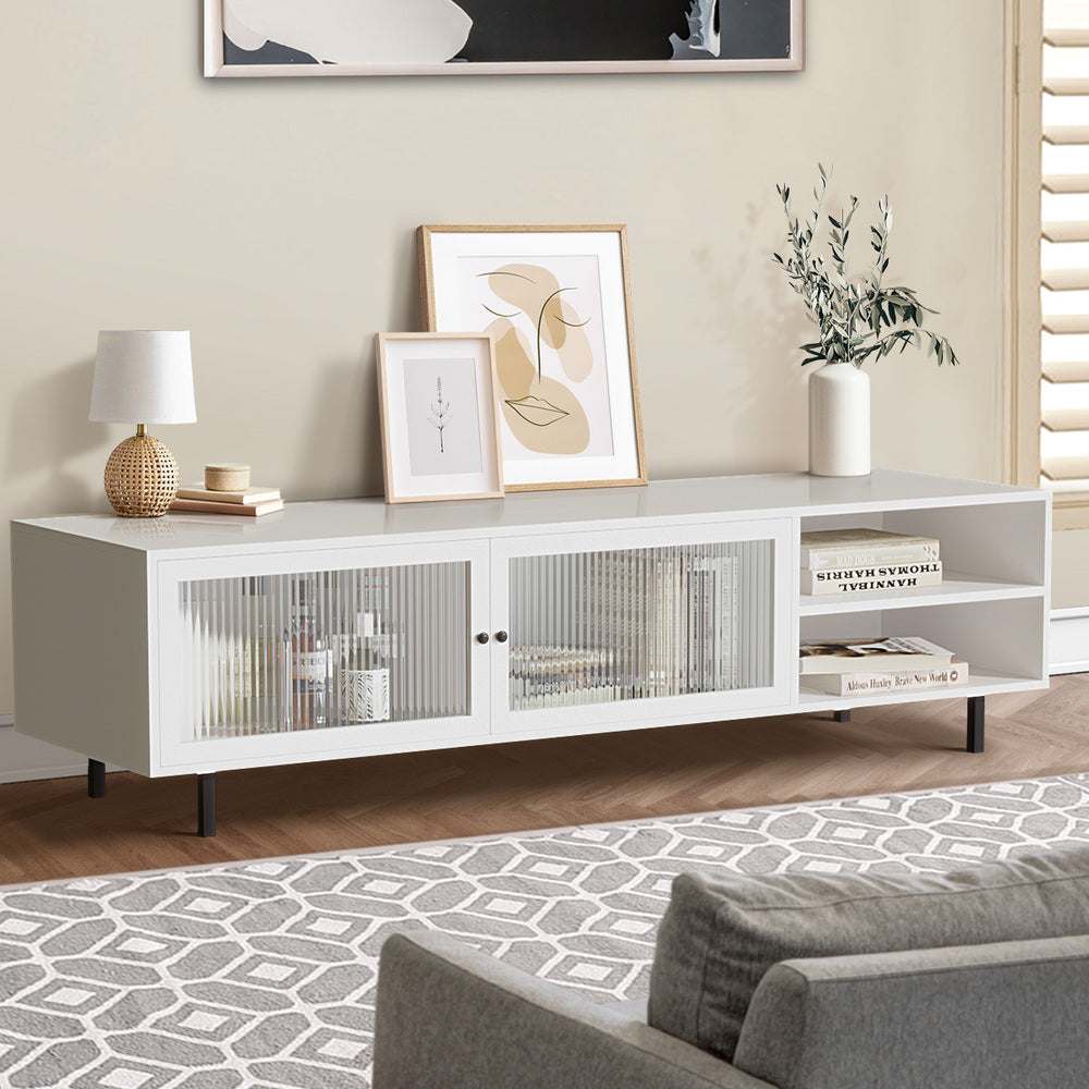 Oikiture TV Stand Cabinet Entertainment Unit Tempered-glass Doors White