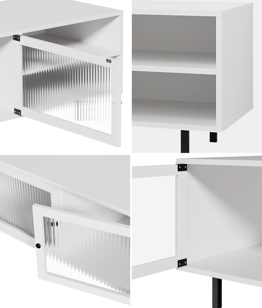 Oikiture TV Stand Cabinet Entertainment Unit Tempered-glass Doors White