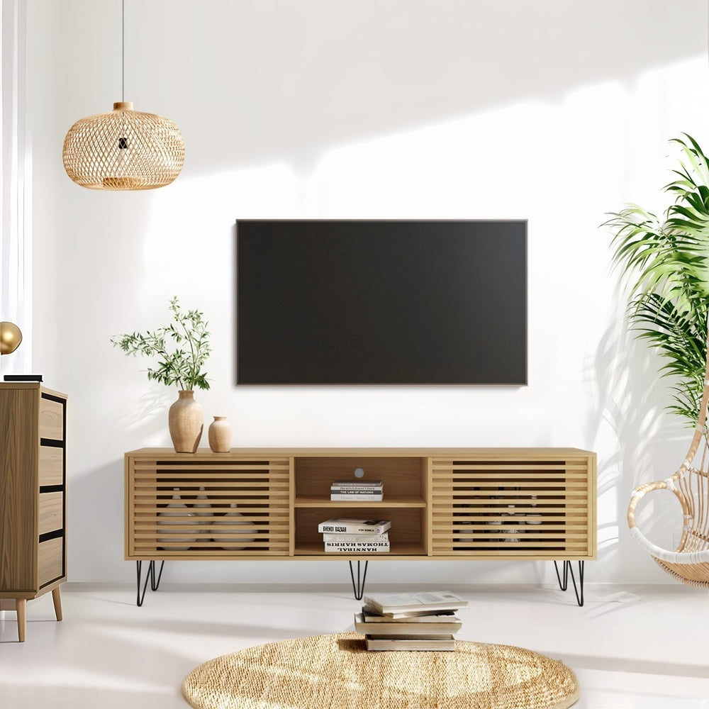 Oikiture TV Stand Cabinet Entertainment Unit Sliding Door 180cm Natural