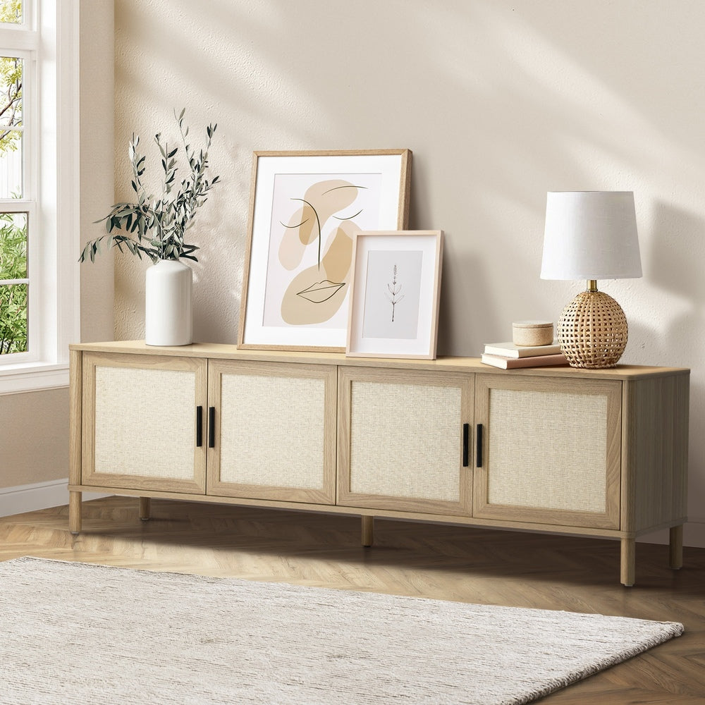 Oikiture TV Cabinet Entertainment Unit Stand 160cm Rattan Doors Natural